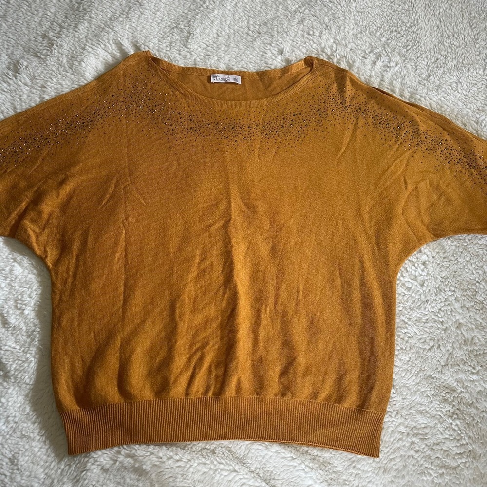 89th + Madison Women's Plus 1X Mustard Yellow Embellished Dolman Sweater